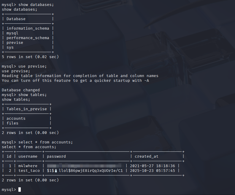 Previse dumping-database